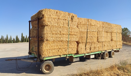 A trailer with hay ready to be towed