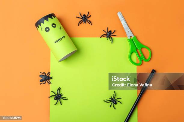 Halloween Diy And Kids Creativity Step By Step Instruction Making Green Monster Frankenstein From Toilet Roll Tube Step2 Finished Work Children Craft Ecofriendly Reuse Recycle Stock Photo - Download Image Now