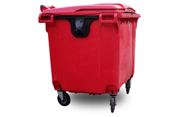istock Red garbage bin with wheels isolated on a white background. Waste container. Public trash. street trash can 1340564102