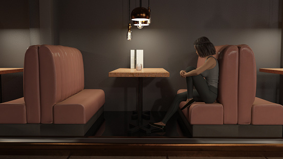 3d illustration of a woman sitting alone in a booth looking at the menu on a table.