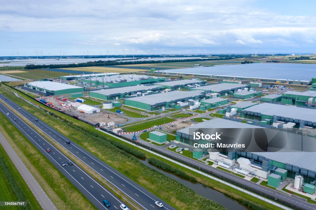 drone photo of microsoft data centre drone  aerial view of new Microsoft datacenters . The huge buildings are located along highway A7 in the province Noordholland near Wieringerwe Data Center Stock Photo