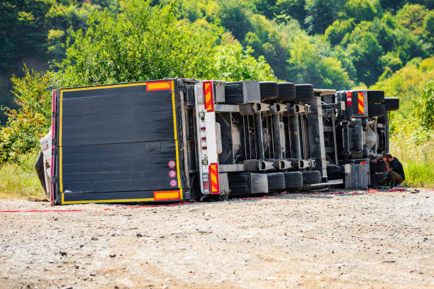 istock Large cargo truck turned over on road traffic accident 1340568403
