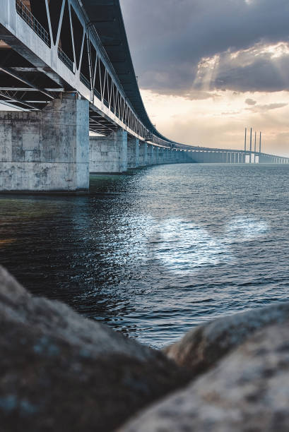 Panoramic view of Oresund bridge during sunset over the Baltic sea Panoramic view of the Oresundsbron bridge between Denmark and Sweden. Oresund Bridge view at sunset. oresund region stock pictures, royalty-free photos & images