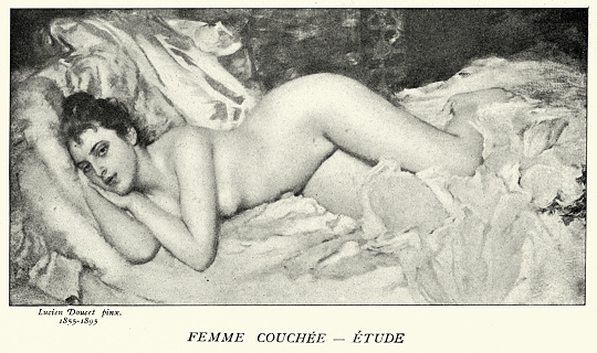 Vintage illustration of Beautiful woman, Femme Couchee, Etude, Reclining Woman, Study , French, 19th Century. After Henri Lucien Doucet