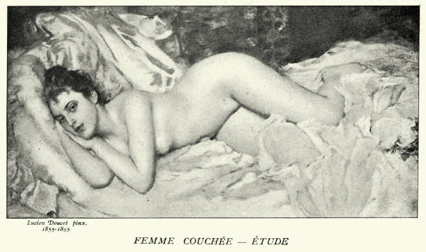 Beautiful woman, Femme Couchee, Etude, Reclining Woman, Study, French art, 19th Century Vintage illustration of Beautiful woman, Femme Couchee, Etude, Reclining Woman, Study , French, 19th Century. After Henri Lucien Doucet seductive women stock illustrations