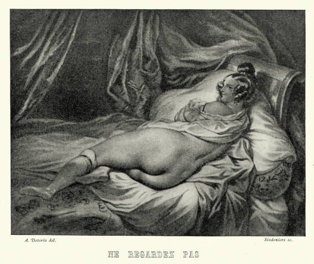 19세기 초, 침대에서 휴식을 취하는 아름다운 여성 - sexy girls stock illustrations