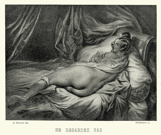 Beautiful woman relaxing on a bed, early 19th Century Vintage illustration of Beautiful woman relaxing on a bed, early 19th Century, Ne Regardez pas, Do not look. After Achille Devéria seduction stock illustrations