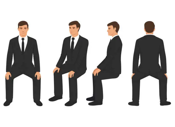 Vector illustration of isolated carton businessman sitting, front side and back view