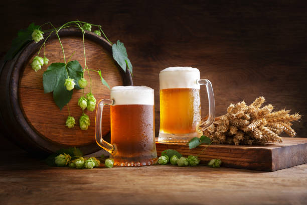 mug of beer, wheat ears, green hops and beer barrel stock photo