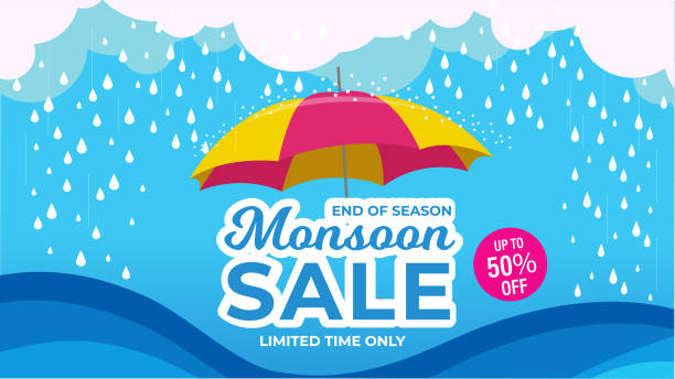 illustrazioni stock, clip art, cartoni animati e icone di tendenza di banner di vendita creativa o poster di vendita della stagione dei monsoni - monsone