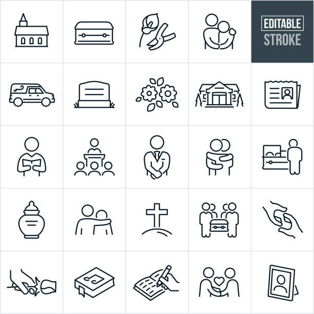Mortuary and Funeral Thin Line Icons - Editable Stroke A set of mortuary and funeral icons that include editable strokes or outlines using the EPS vector file. The icons include a church, casket, flowers, person mourning over death of a loved one, hearse, headstone, mortuary, obituary in newspaper, religious leader giving eulogy, religious leader speaking at funeral, mortician, two people hugging, person viewing a deceased person in a casket, urn of ashes, person with arm around a person in mourning, cross on a hill, pallbearers carrying casket at funeral, hand reaching out to another hand to provide comfort, hand placing rose, song book, guest book and other mortuary and funeral related icons. death stock illustrations