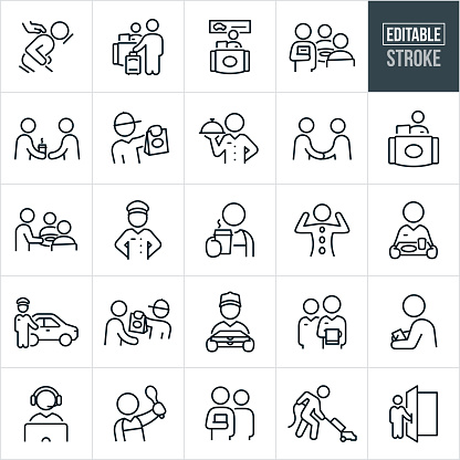 A set of hospitality icons that include editable strokes or outlines using the EPS vector file. The icons several different workers in the hospitality industry of vacation and travel, food services and dining and other areas of hospitality. They include a person getting a massage at a spa, hotel checkin attendant, rental car attendant, waiter serving customers at restaurant, barista giving a person a cup of coffee, person delivering fast food, fine dining waiter with food dish, two people shaking hands, front desk clerk, bellhop, doorman, person getting spa treatment, waiter delivering food, chauffeur with car, pizza delivery man, waiter taking food order, person at computer with headset, cook with spoon, event planner, housekeeper running vacuum and door attendant opening door.