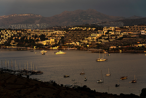 Daytime aerial panoramic view of Port Hercules, Monte Carlo, sea and coast.