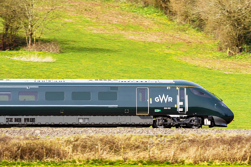 Bridgend, Wales - April 2018: High speed train operated by Great Western Railway
