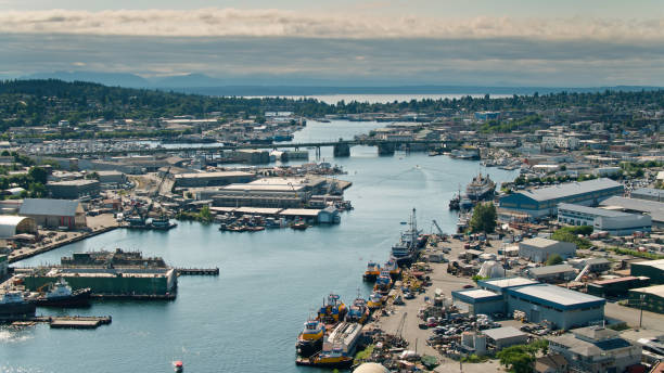 istock Canalside Docks in Seattle - Aerial 1340575665