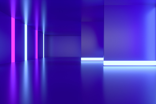 3d rendering of Empty Room, Tunnel With Neon Lights. Abstract Modern Architecture Background..