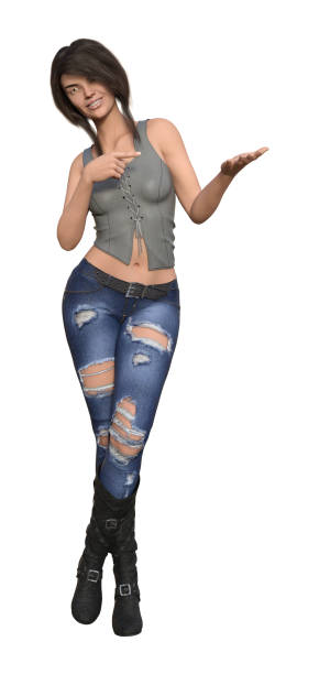 Illustration of a smiling woman with one hand out and the other hand pointing a finger at the empty palm isolated on a white background. 3d illustration of a smiling woman with one hand out and the other hand pointing a finger at the empty palm isolated on a white background. hole in pants stock pictures, royalty-free photos & images