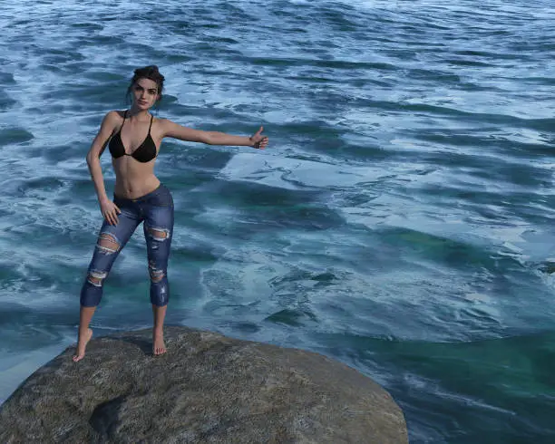 3d illustration of a beautiful woman wearing a bikini top and jeans standing on a boulder surrounded by water with a hand and thumb out hitchhiking.