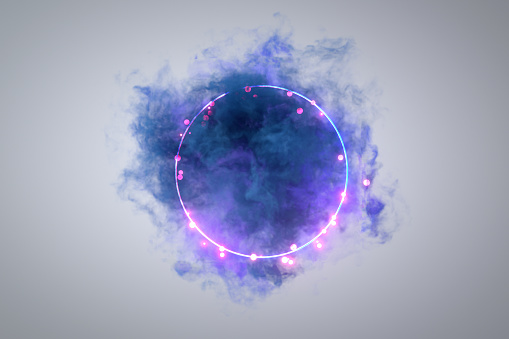 3d render, Neon Lighting Circle Frame with Smoke