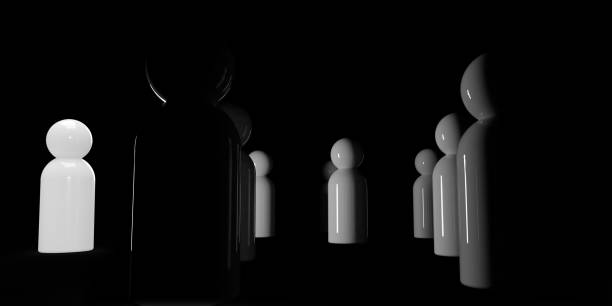 3D rendered Pawn pieces in Leadership concept: Illustration of leader or manager. A group of many chess figures on game board. Black background with copy space. Leading a group to financial success in business. Winning or losing the game.