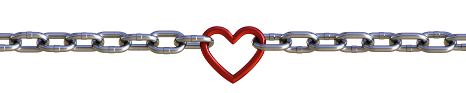 A red, heart-shaped link breaks the continuity of a strong metal chain, against a gray background. 3d Rendering.
