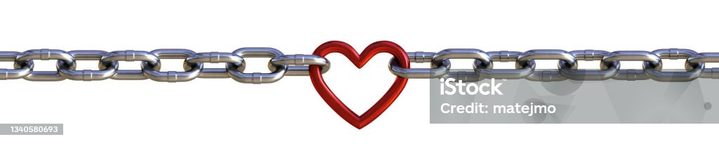 A steel chain with a red heart shape element isolated on white background. Wide horizontal composition. Heart Shape Stock Photo