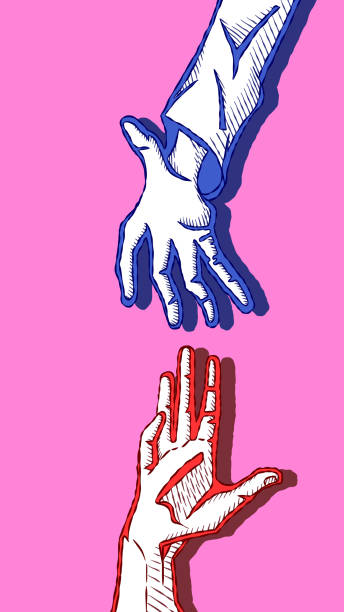 Hand catches a hand. The concept of a helping hand, support mutual help. Hand-drawn sketch illustration in red and blue colors - Hand catches a hand. The concept of a helping hand, support mutual help. The connection between people and lives. couple hope sky blue stock illustrations