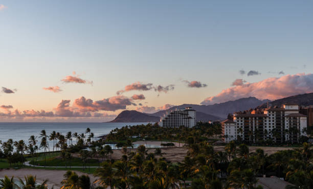 bela vista panorâmica oeste de oahu ao pôr do sol, havaí - building exterior hawaii islands palm tree beach - fotografias e filmes do acervo