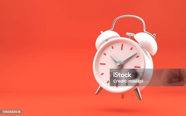 White Vintage Alarm Clock On Bright Red Background Modern Design 3d Rendering Stock Photo - Download Image Now