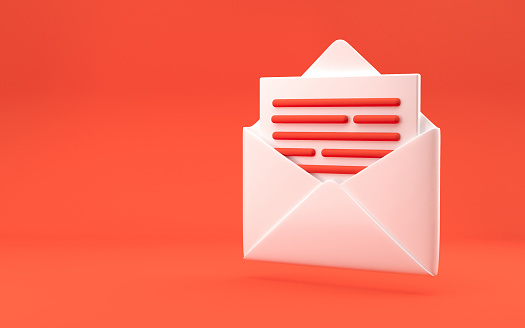 Open mail sign with letter inside. Text information on the bright red background. Open envelope. Realistic concept. 3d rendering