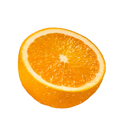 sliced orange fruit with drops on the peel, on an white background. photography for advertising, ready for clipping.