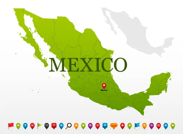 Vector illustration of Mexico Green Map with editable Regions and Navigation Icons