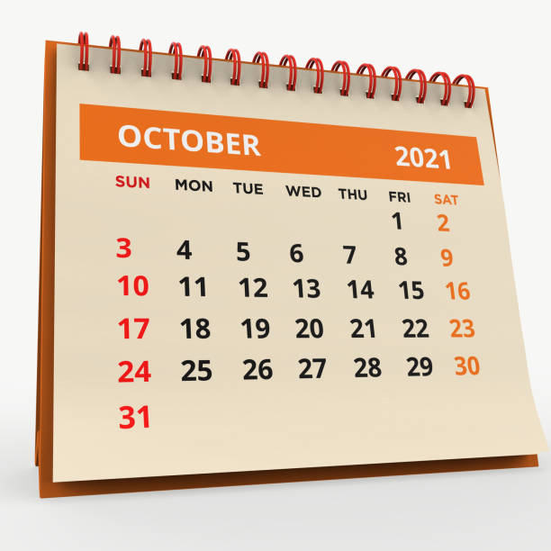 istock Standing Desk Calendar October 2021 with the orange title.. 1340587231