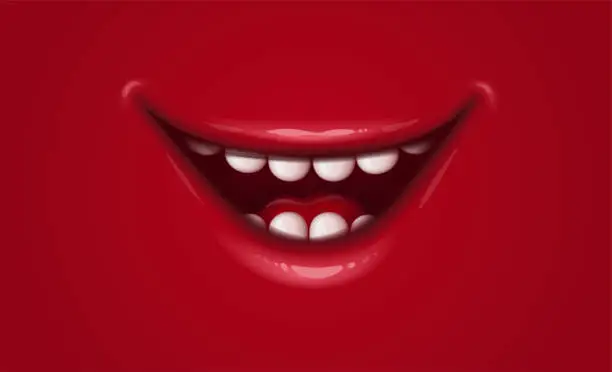 Vector illustration of Smile with red lips. Open mouth teeth and tongue. Vector illustration.