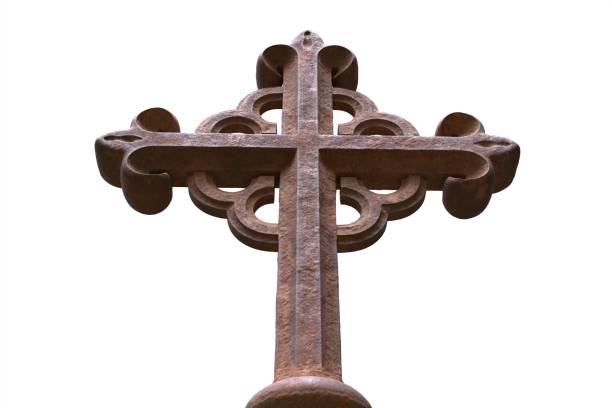 istock 3d illustration of old rusty tombstone cross isolated on white 1340587413