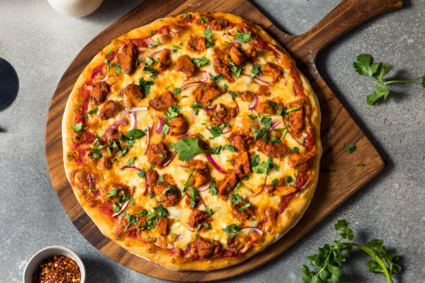 Homemade Indian Chicken Tikka Masala PIzza Homemade Indian Chicken Tikka Masala PIzza with Onions and Cilantro pizza stock pictures, royalty-free photos & images