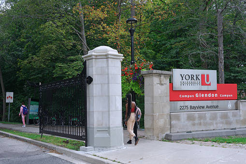 Toronto, Canada - September 15, 2021:  Entrance gate to the midtown Glendon College campus of York University.