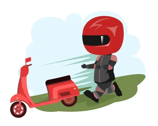 Vector illustration of Scooter driver. Biker Cartoon. Child illustration. Catching up. In a sports uniform and a red helmet. Cool motorcyclist. Isolated on white background. Vector