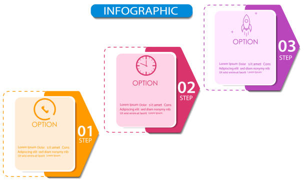 illustrazioni stock, clip art, cartoni animati e icone di tendenza di modello di progettazione di etichette con infografica vettoriale con icone e 3 opzioni o passaggi. può essere utilizzato per il diagramma di processo, - 3