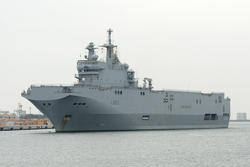 Tokyo, Japan - April 13, 2008:French Navy Mistral (L9013), Mistral-class amphibious assault ship.