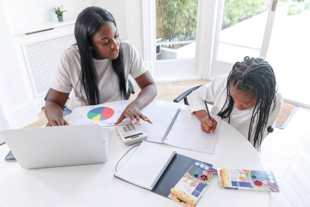 istock Mother working from home as elementary age daughter does distance learning homework 1340603018