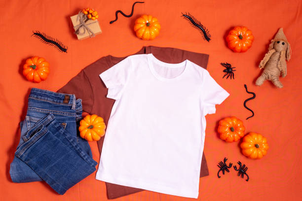istock White t-shirt mockup on orange halloween background 1340604004