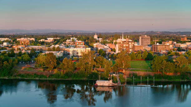 Drone Shot Looking Over Willamette River and Riverfront City Park Towards Downtown Salem, OR