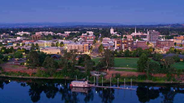 istock Drone Shot of Downtown Salem at Nightfall 1340606085