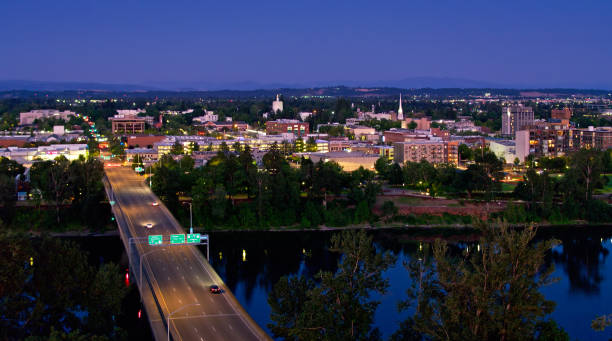 istock Bridge Headed Into Downtown Salem, Oregon at Night - Aerial 1340606164