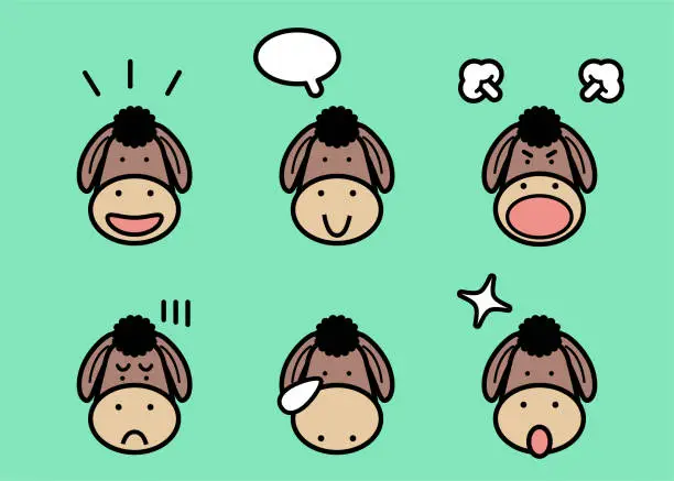 Vector illustration of Cute donkey icon set with six facial expressions in color pastel tones