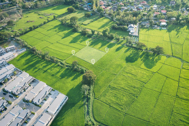 istock Land plot in aerial view with identify registration symbol. 1340613364