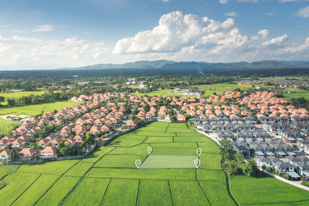 istock Land plot in aerial view with identify registration symbol. 1340613365