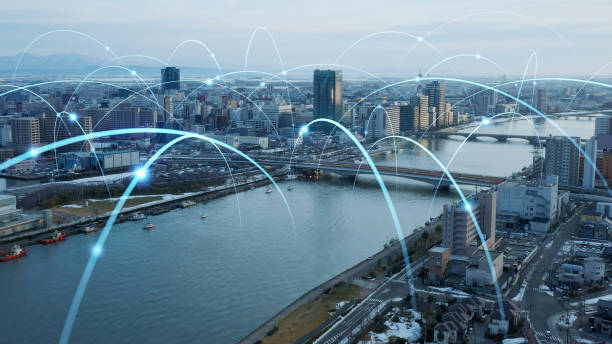 istock Modern cityscape and communication network concept. Telecommunication. Internet of Things. 1340617637
