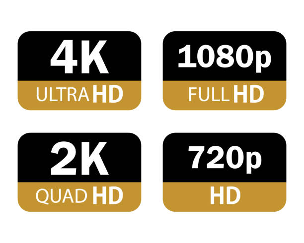 ilustrações, clipart, desenhos animados e ícones de sinais tecnológicos modernos. 4k ultra hd, 2k quad hd, 1080p full hd e 720p hd. símbolo de ilustração do vetor monitor display label. ilustração vetorial - 720p